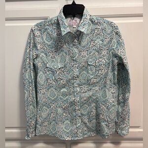 Panhandle Women’s Western Pearl Snap Front Paisley Blue Green White Shirt Size M